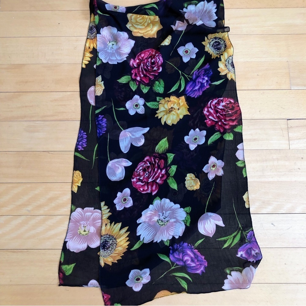 Vintage Black Crepe Multi Colored Floral Scarf